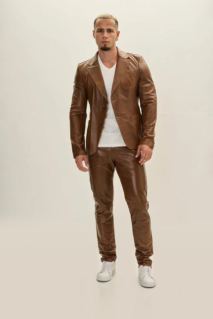 Classic Two-Button Leather Blazer - Brown