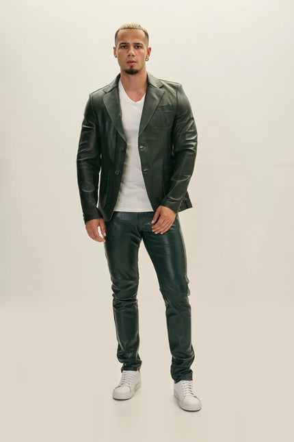 Classic Two-Button Leather Blazer - Green