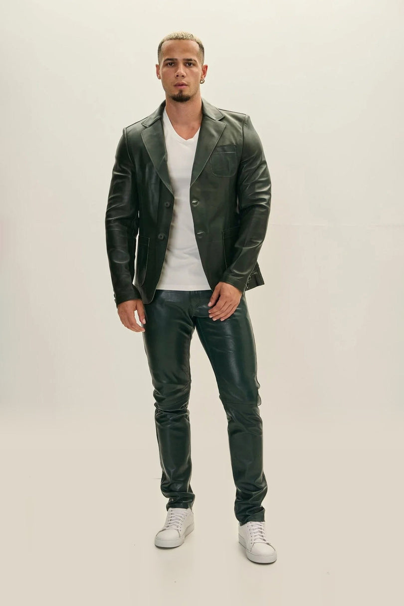Classic Two-Button Leather Blazer - Green