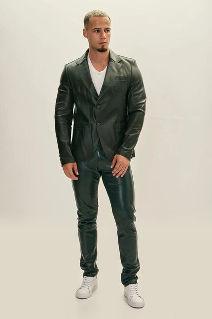 Classic Two-Button Leather Blazer - Green