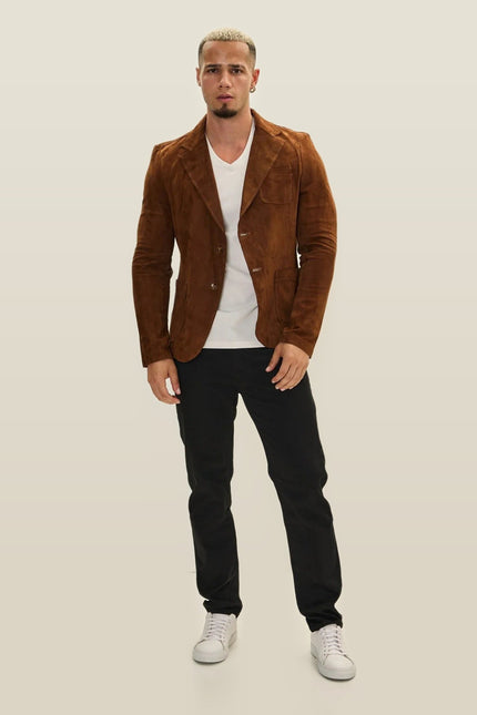 Notch Lapel Suede Blazer - Brown