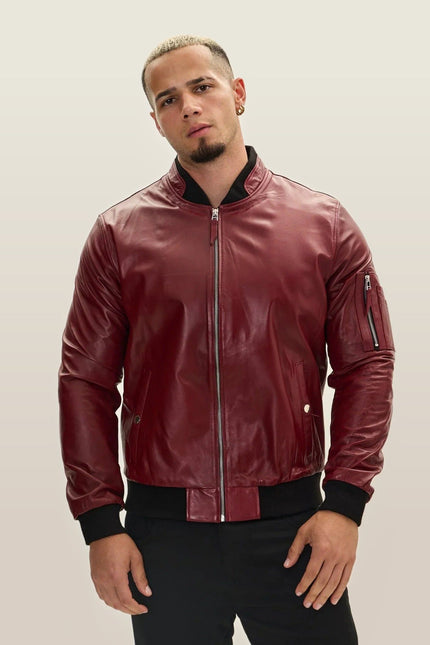 Lambskin Leather Bomber Jacket - Burgundy