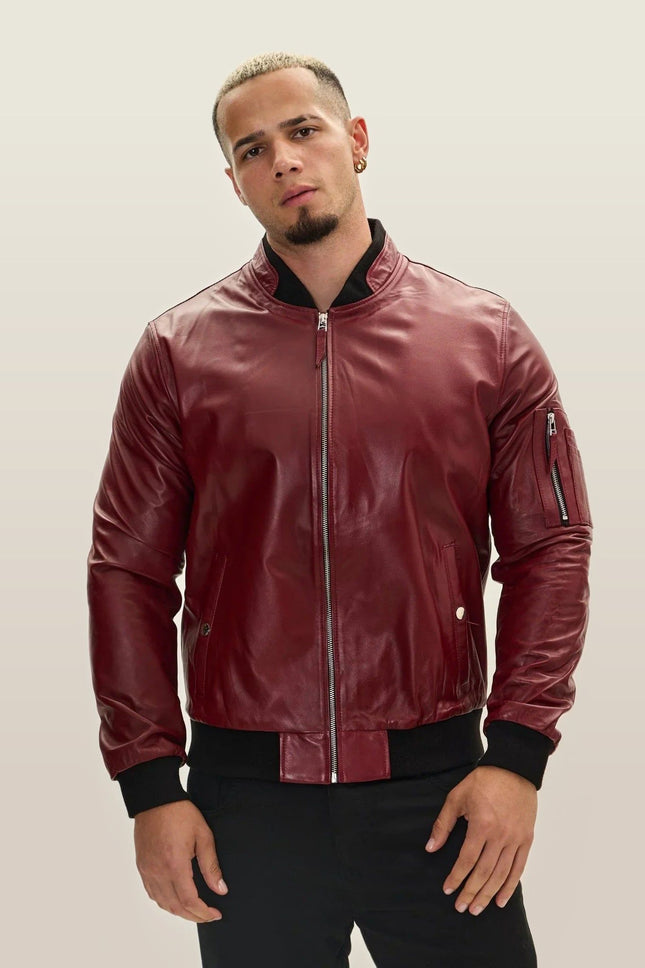Lambskin Leather Bomber Jacket - Burgundy