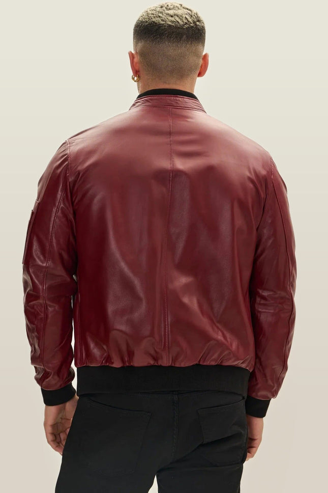 Lambskin Leather Bomber Jacket - Burgundy