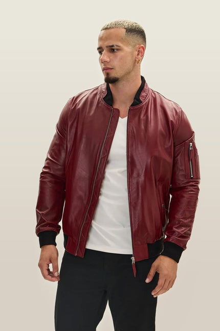Lambskin Leather Bomber Jacket - Burgundy