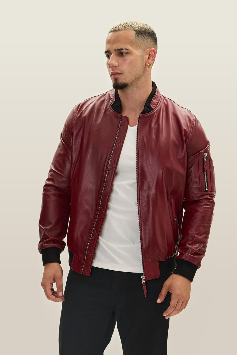 Lambskin Leather Bomber Jacket - Burgundy