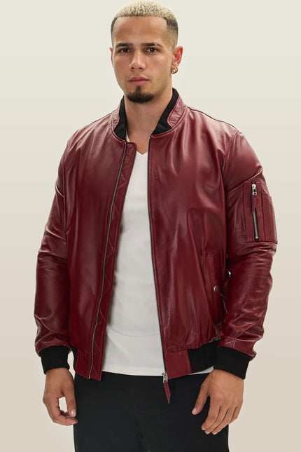 Lambskin Leather Bomber Jacket - Burgundy