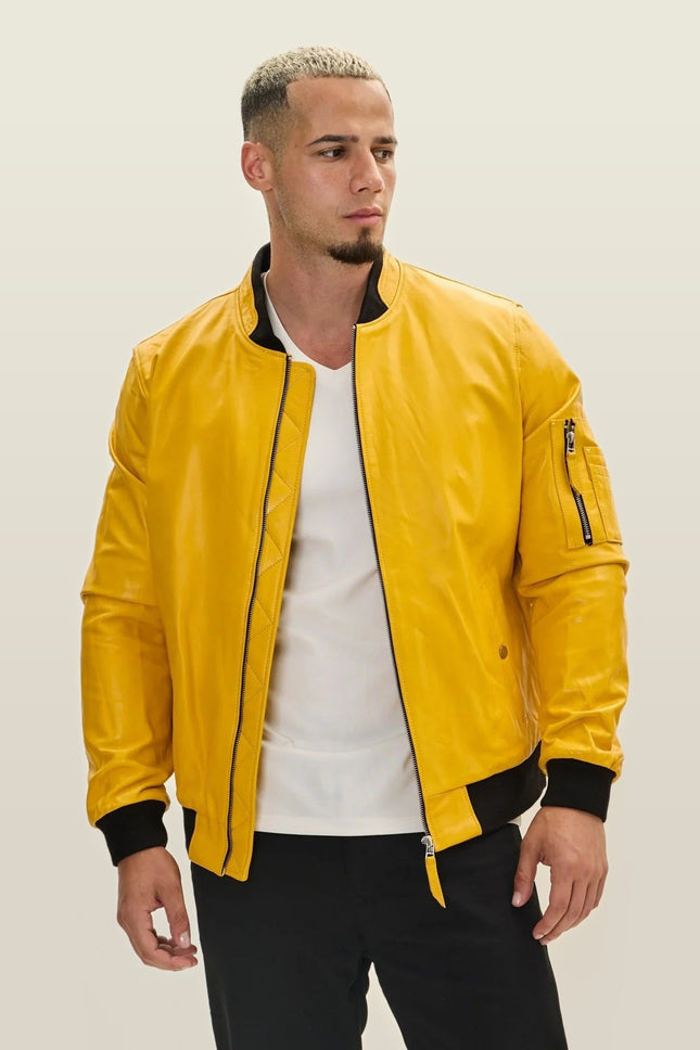 Lambskin Leather Bomber Jacket - Yellow