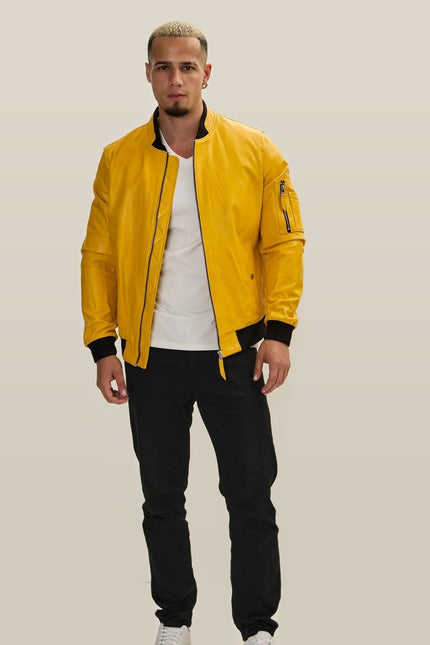 Lambskin Leather Bomber Jacket - Yellow