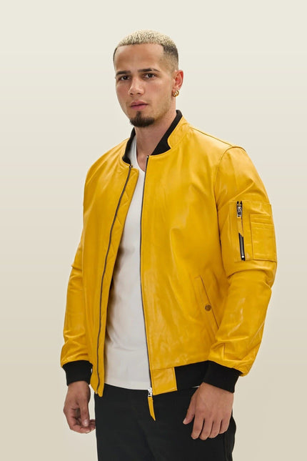 Lambskin Leather Bomber Jacket - Yellow