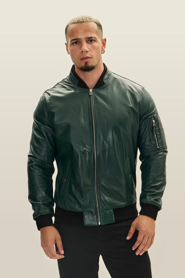 Lambskin Leather Bomber Jacket - Green