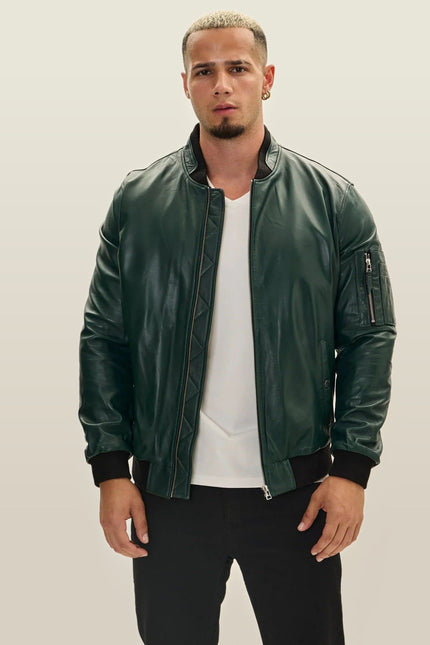 Lambskin Leather Bomber Jacket - Green