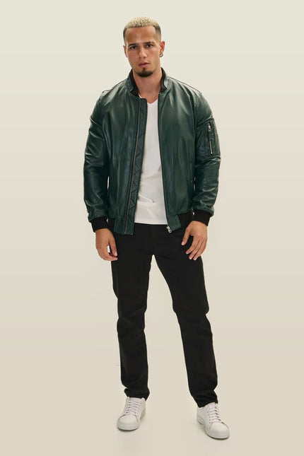 Lambskin Leather Bomber Jacket - Green