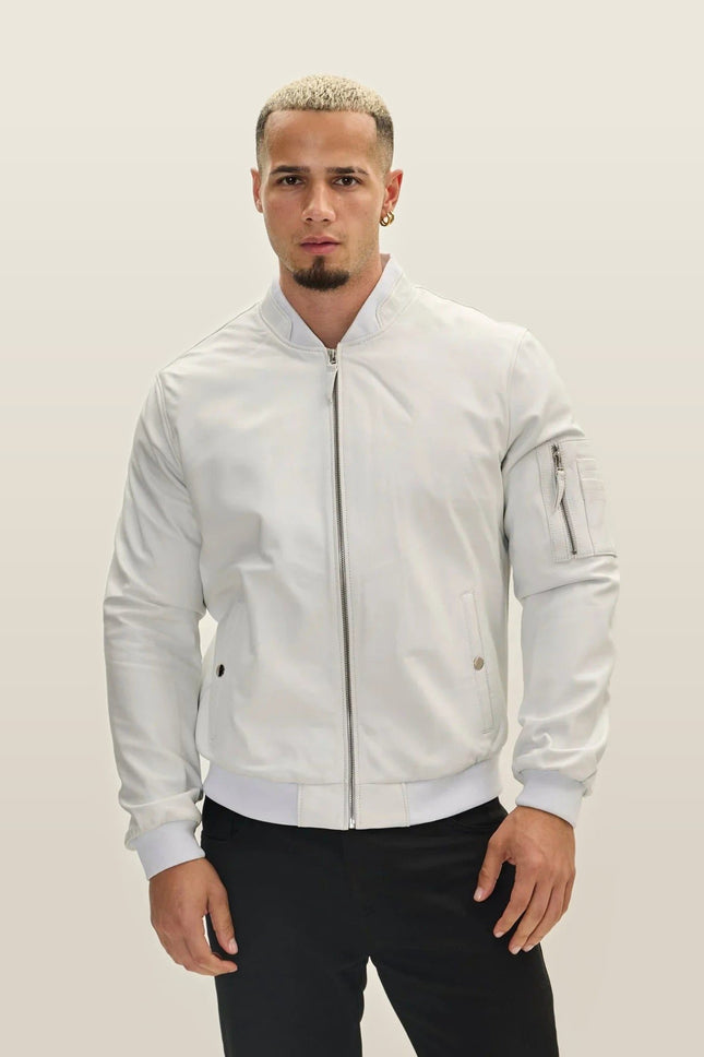 Lambskin Leather Bomber Jacket - White