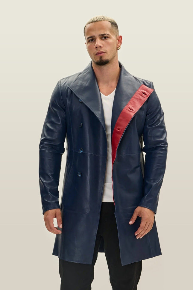 Asymmetric Lambskin Trench Coat - Navy Red