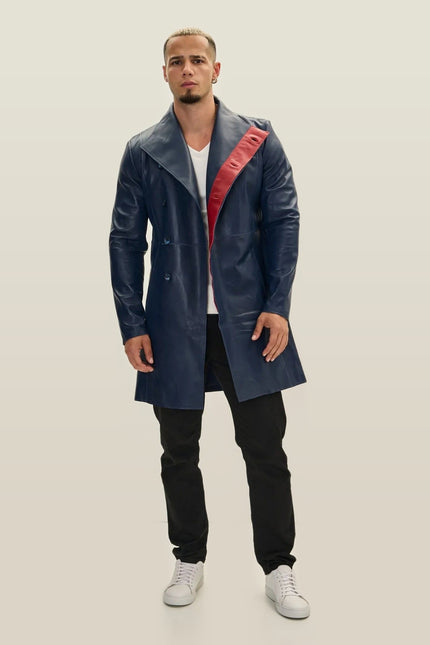 Asymmetric Lambskin Trench Coat - Navy Red