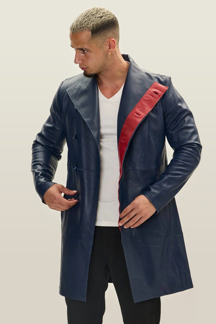 Asymmetric Lambskin Trench Coat - Navy Red
