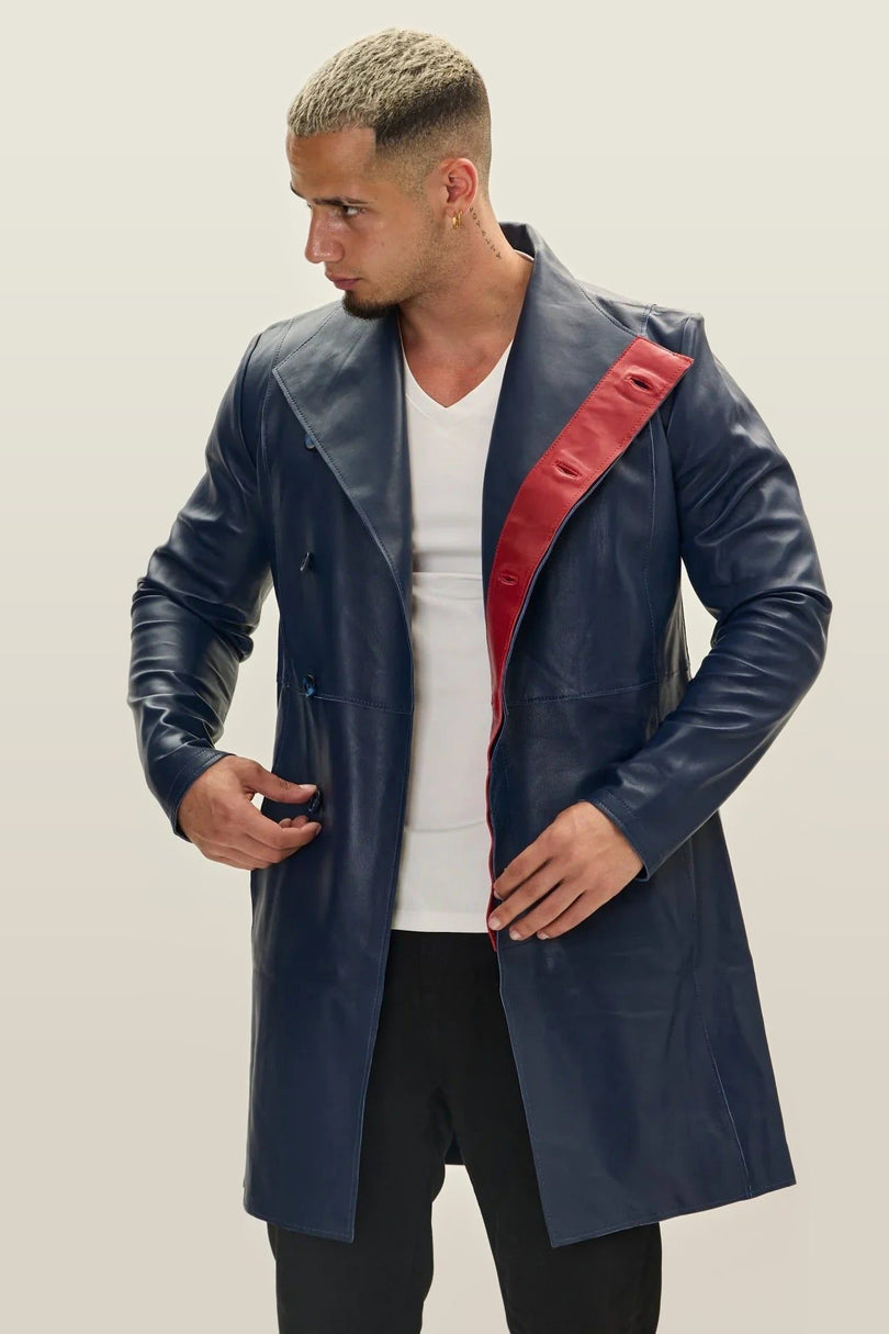 Asymmetric Lambskin Trench Coat - Navy Red