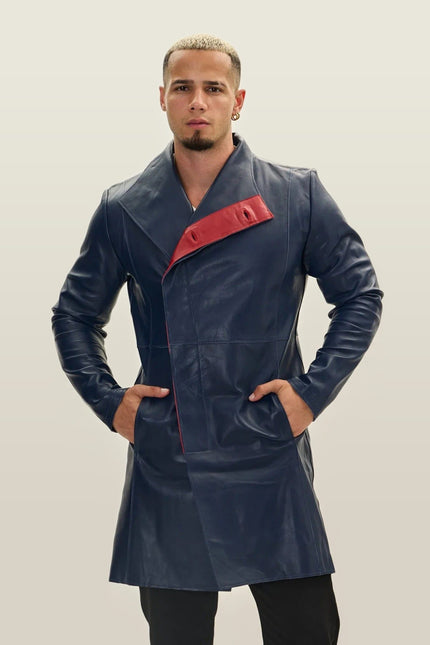 Asymmetric Lambskin Trench Coat - Navy Red