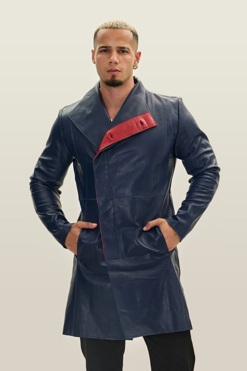 Asymmetric Lambskin Trench Coat - Navy Red