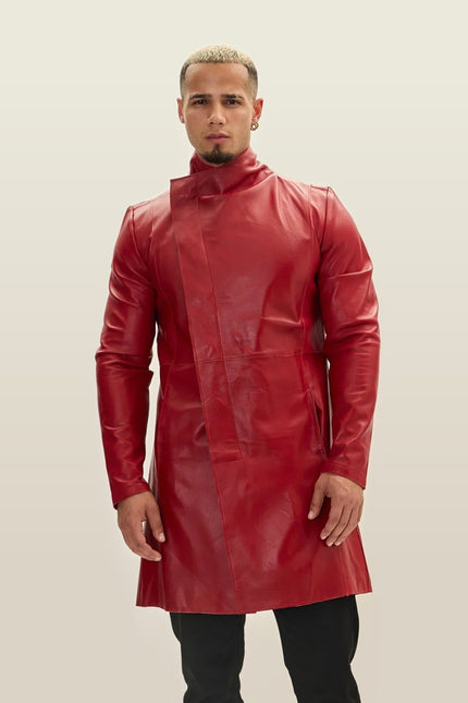 Asymmetric Lambskin Trench Coat - Red Black