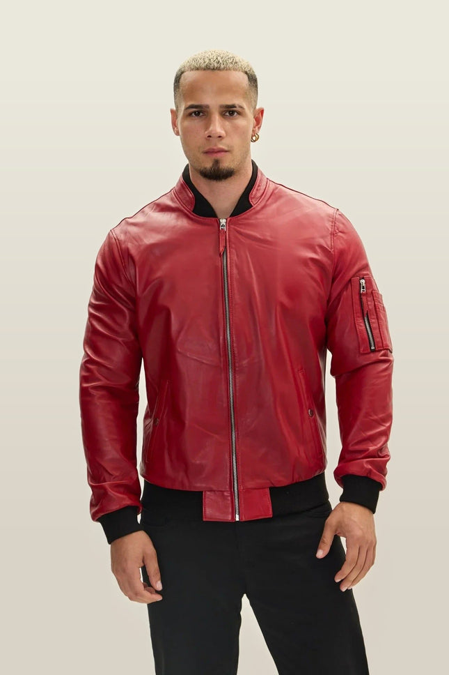 Lambskin Leather Bomber Jacket - Red