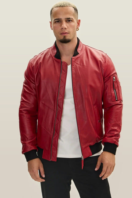 Lambskin Leather Bomber Jacket - Red