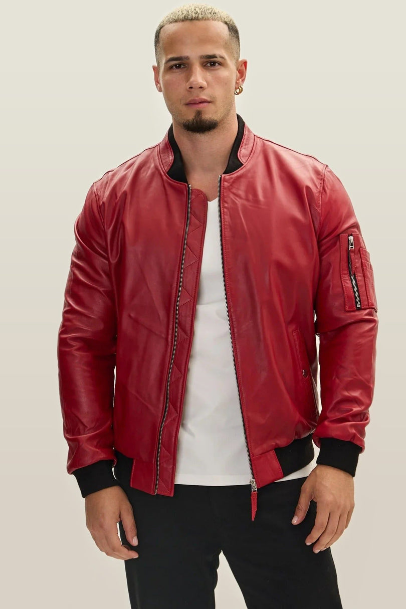 Lambskin Leather Bomber Jacket - Red