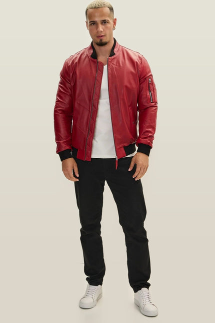 Lambskin Leather Bomber Jacket - Red