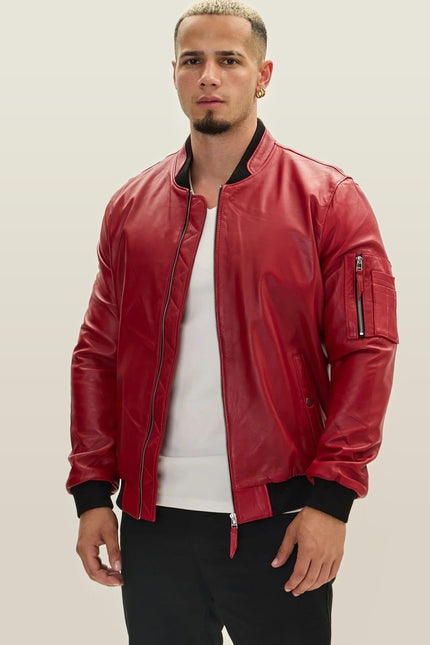 Lambskin Leather Bomber Jacket - Red