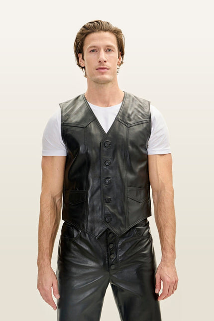 Club-Style Lambskin Leather Vest - Black