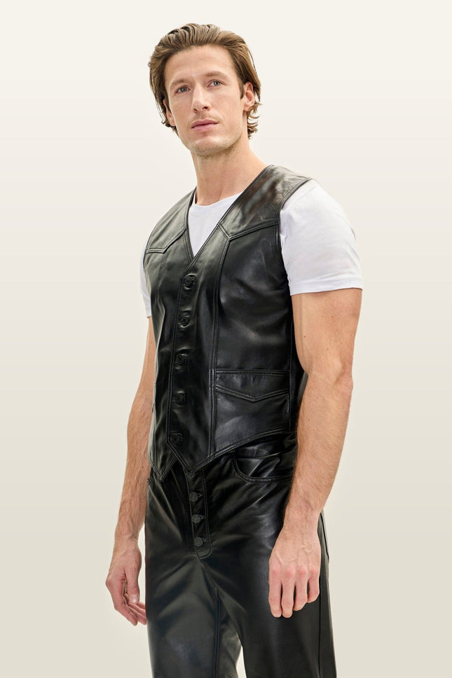 Club-Style Lambskin Leather Vest - Black