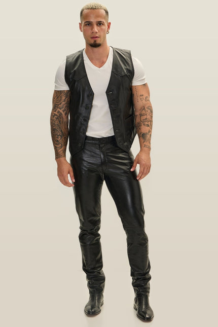 Club-Style Lambskin Leather Vest - Black