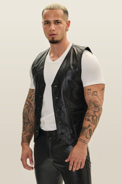 Club-Style Lambskin Leather Vest - Black