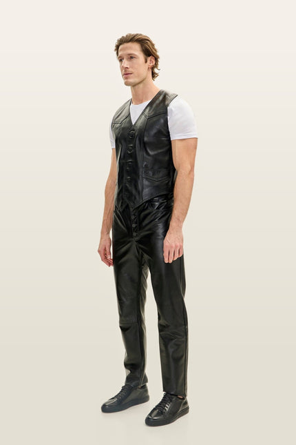 Club-Style Lambskin Leather Vest - Black