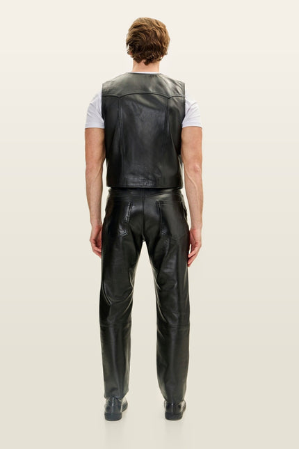 Club-Style Lambskin Leather Vest - Black