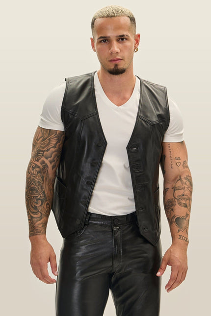 Club-Style Lambskin Leather Vest - Black