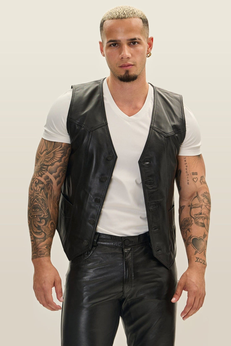 Club-Style Lambskin Leather Vest - Black
