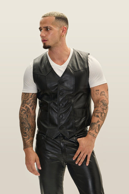 Club-Style Lambskin Leather Vest - Black