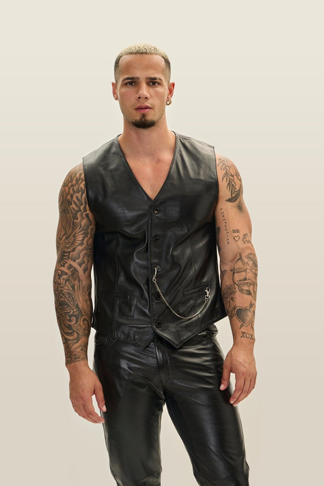 Button Down Leather Vest - Black