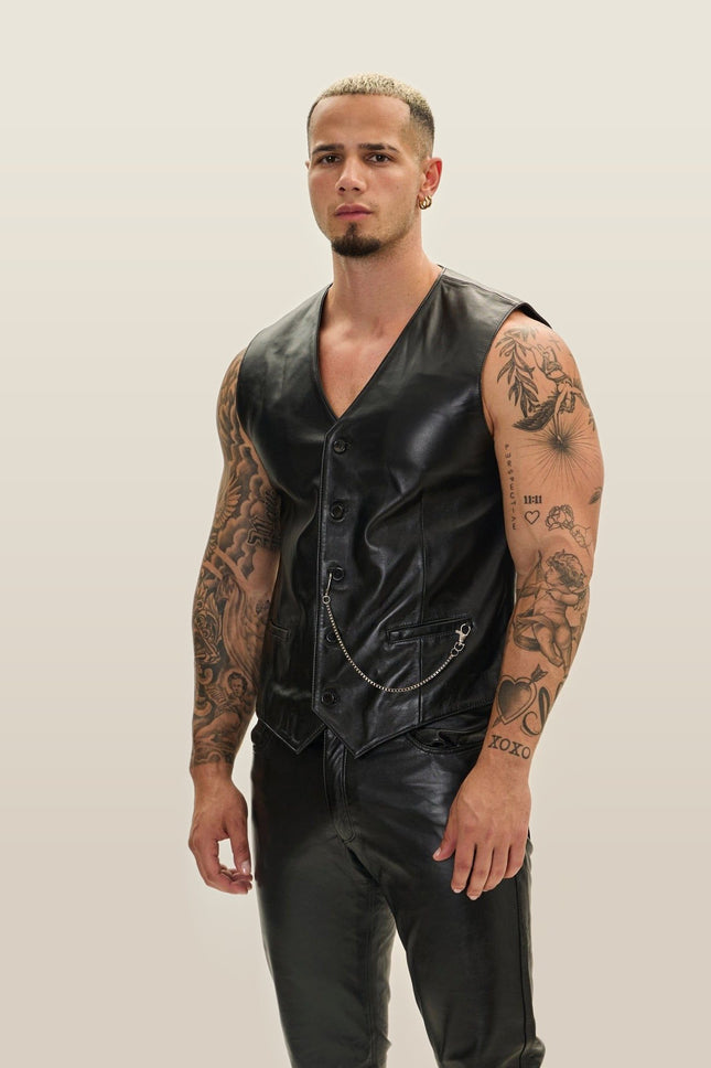 Button Down Leather Vest - Black