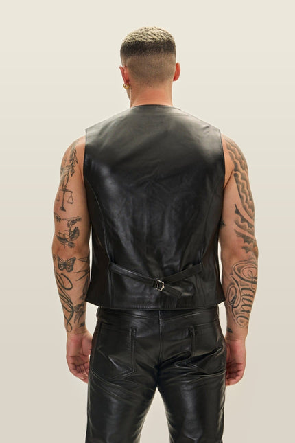 Button Down Leather Vest - Black
