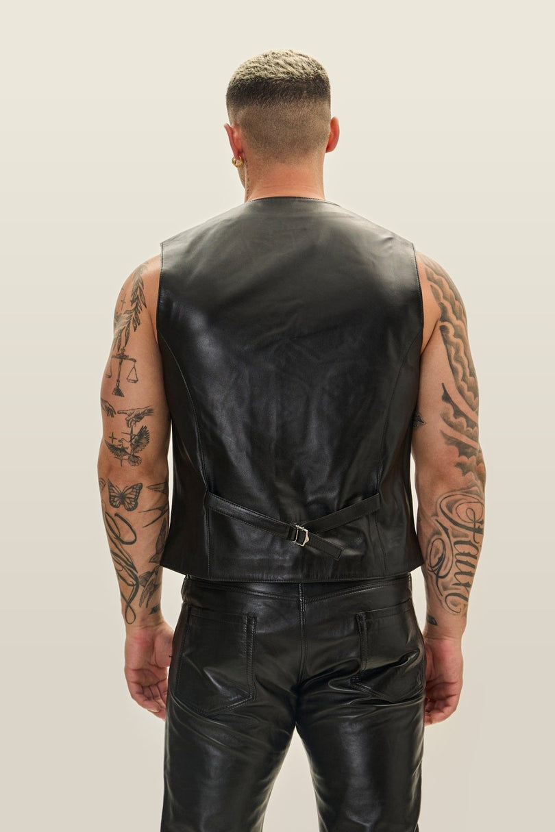 Button Down Leather Vest - Black