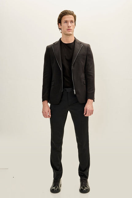 Notch Lapel Zipper-End Blazer - Black