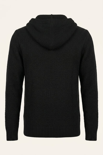 Hooded Waffle Cardigan - Black - Back