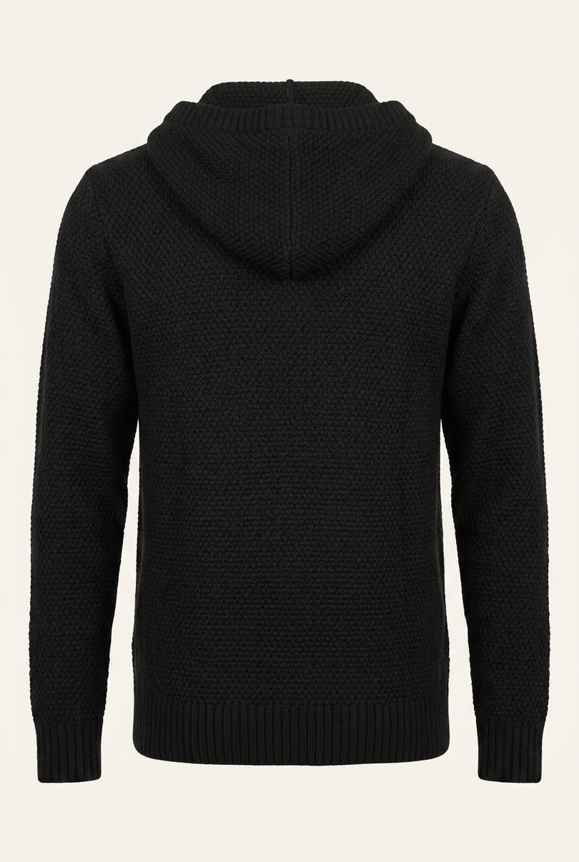 Hooded Waffle Cardigan - Black - Back