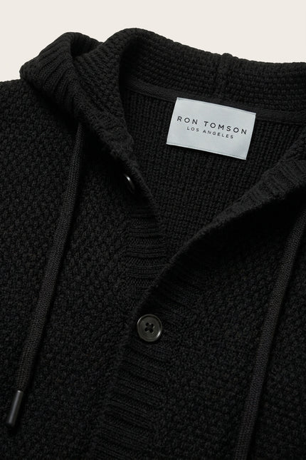 Hooded Waffle Cardigan - Black - Detail