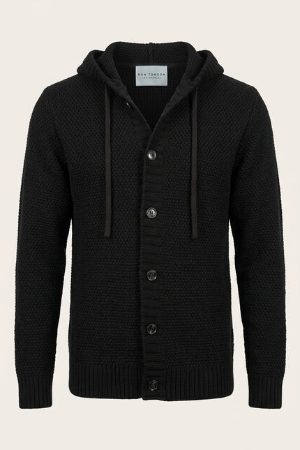 Hooded Waffle Cardigan - Black - Front