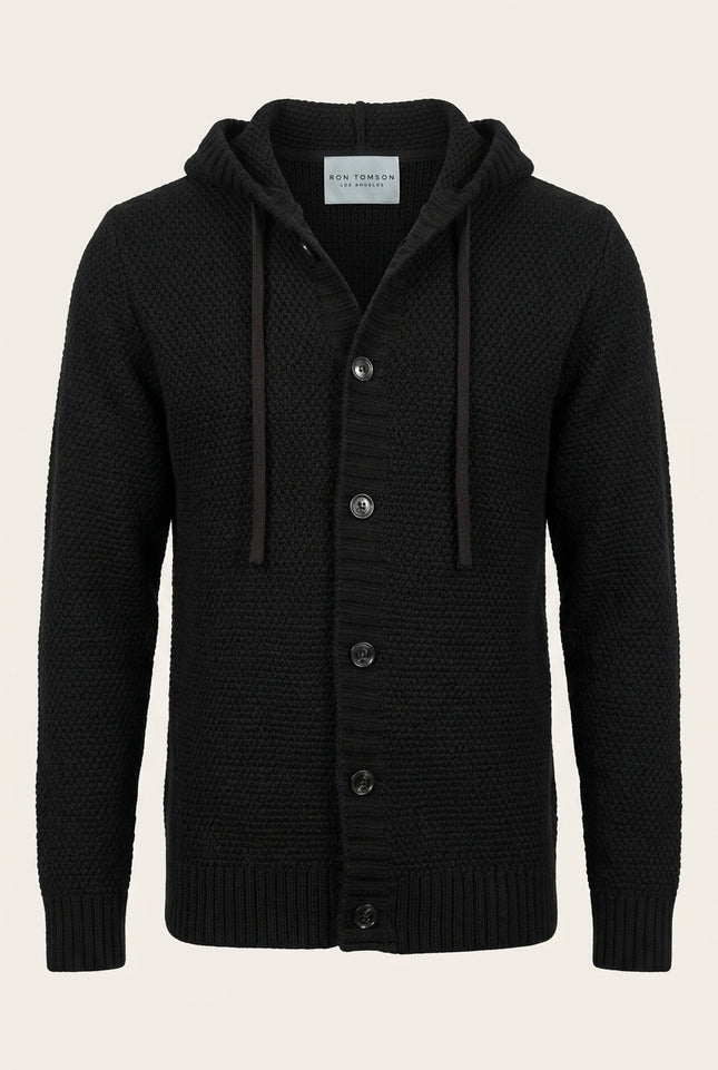 Hooded Waffle Cardigan - Black - Front