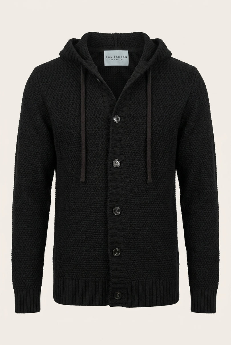 Hooded Waffle Cardigan - Black - Front